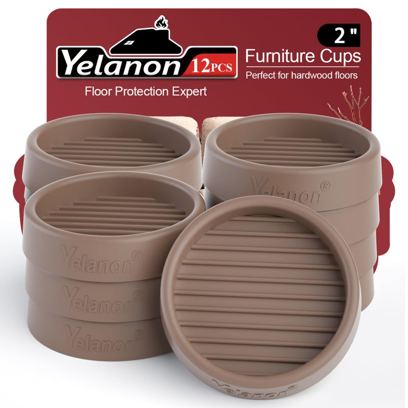 Yelanon Non-Slip Furniture Pads 12 Pcs 2"" - Anti-Skid Grippers for Hardwood Floors, Rubber Furniture Feet & Bed Stoppers to Prevent Sliding(Brown) - Image 1